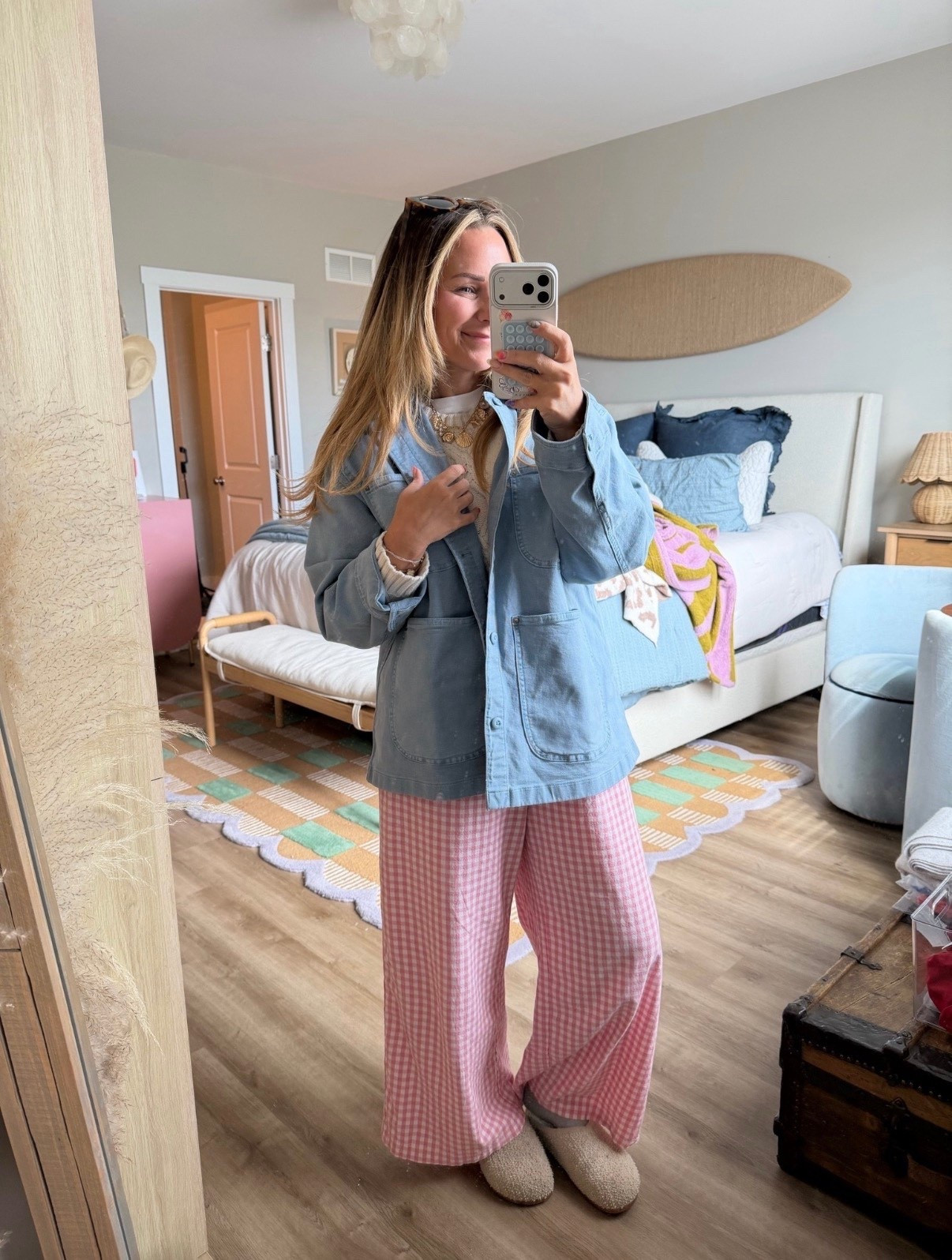 Cozy outfit but still cute 💗☁️ #liketkit

The ultimate comfy + put together look—these gingham lounge pants are SO good (lightweight, breathable, and actually flattering), paired with a neutral knit sweater and my go-to lightweight jacket for layering.

This is my everyday uniform lately—easy, comfy, but still feels styled ✨

Details:
• Pink gingham pants (true to size)
• Cream knit sweater (soft + stretchy)
• Blue utility jacket (perfect spring layer)
• Cozy slippers

gingham pants, lounge outfit, comfy outfit, casual mom outfit, spring outfit ideas, everyday style, neutral outfit, Amazon fashion, cozy style, mom style, relaxed outfit, capsule wardrobe, layered outfit