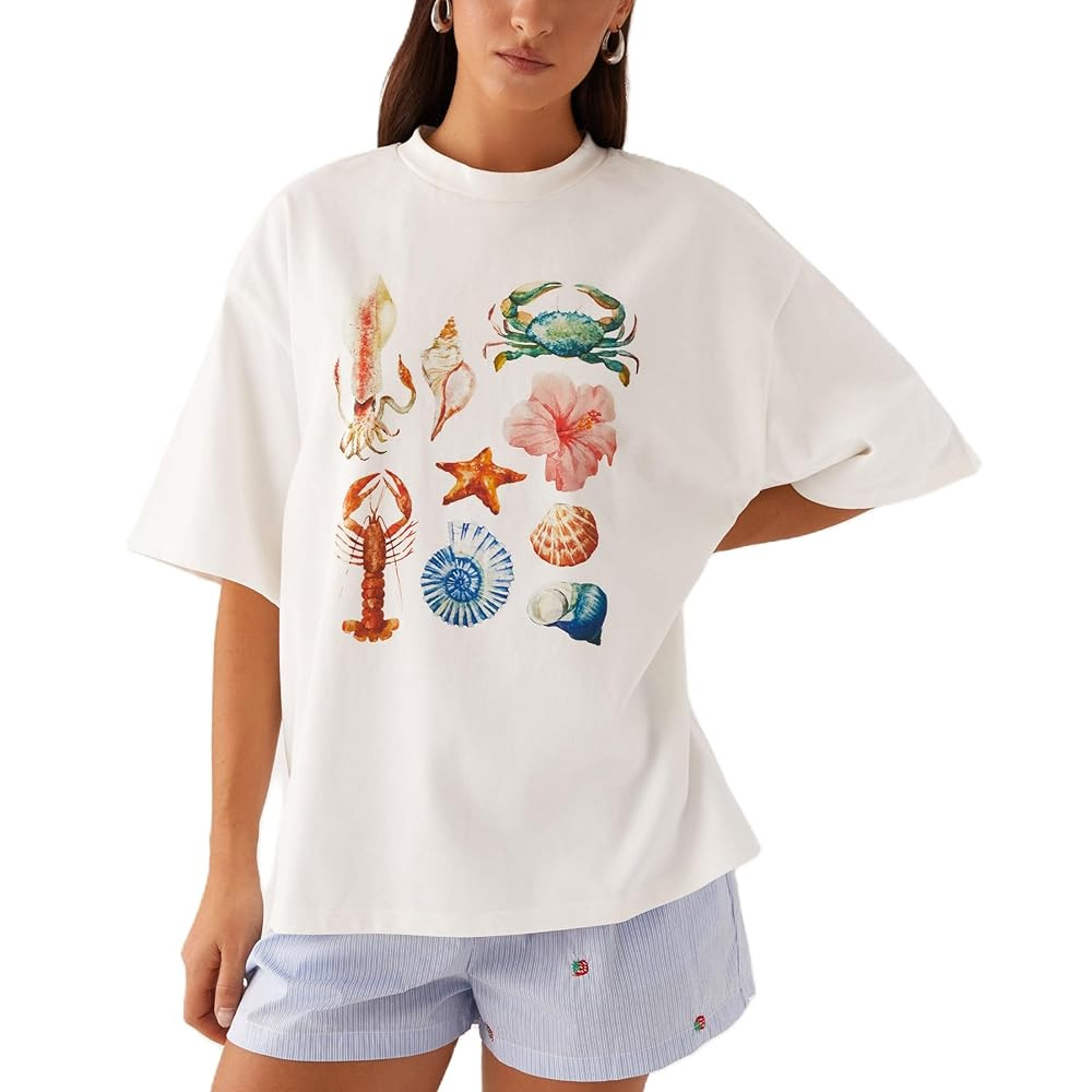 Women Oversized Graphic T Shirt Y2k Short Sleeve Crew Neck Drop Shoulder Loose Fit Tees Summer Pr... | Amazon (US)