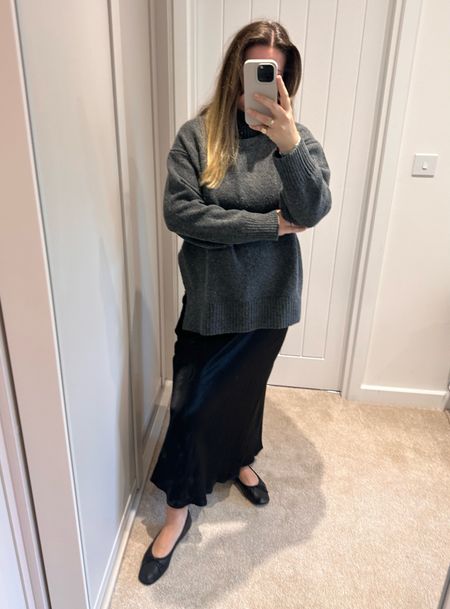 Signing up for an autumn of grey. Chunky knit + silky skirt + streamlined pumps for the ultimate easy contrast clash. Layering different finishes for interest, plus making a flimsy skirt cold-morning friendly! The Mango pumps are the comfiest. 

#LTKfindsunder100 #LTKeurope #LTKstyletip