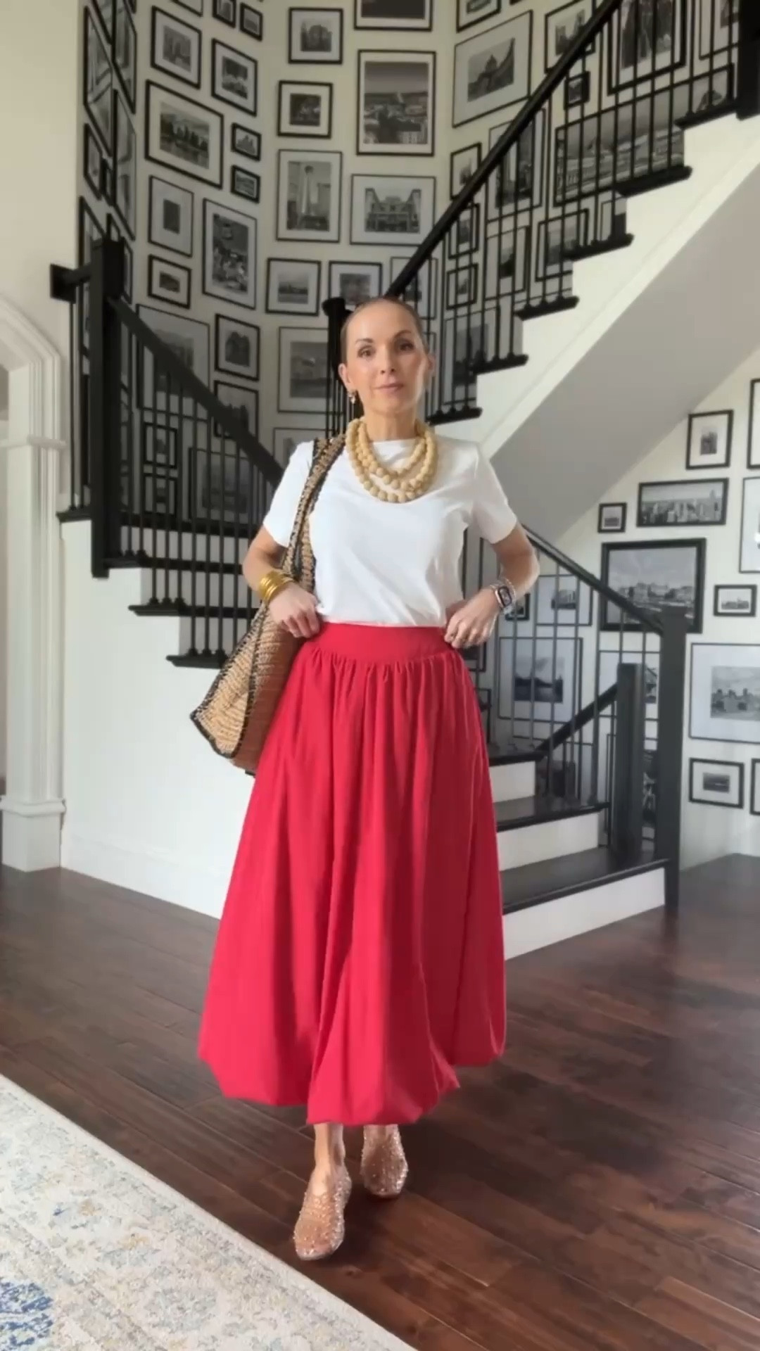 Such a fun midi skirt for spring! @amazon and paired with my tried and true @Aritzia  tee and statement @Tuckernuck necklace! These @stevemadden-us jellies also go with everything! 

#LTKootd