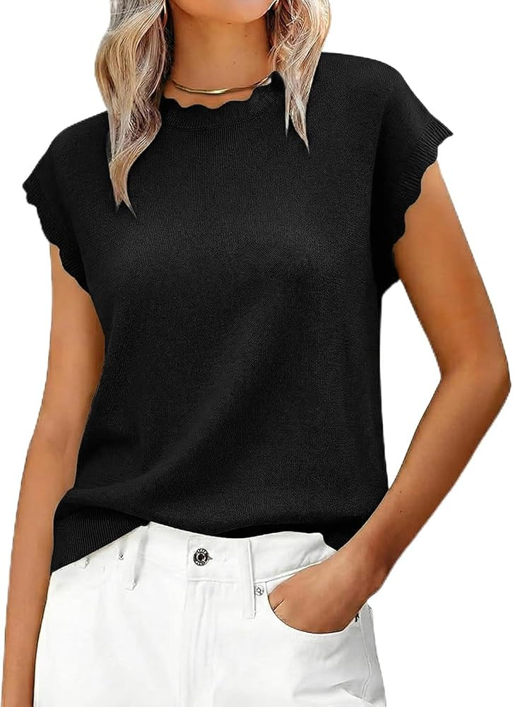 Women Summer Sweater Cap Sleeve Lightweight Pullover Soft Knit Top with Scallop Wavy | Amazon (US)