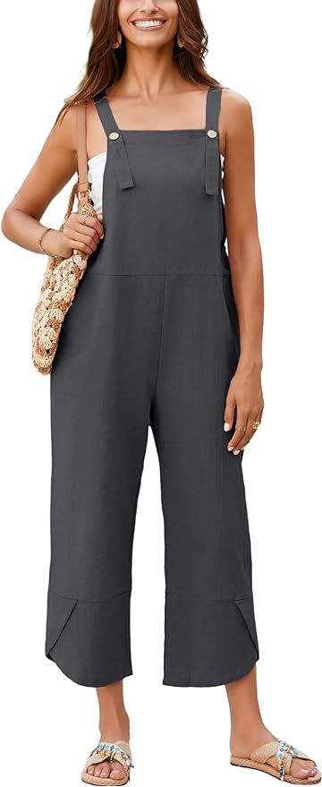 Qiaomai Womens Summer Sleeveless Cotton Linen Overalls Baggy Adjustable Suspender Jumpsuit with P... | Amazon (US)