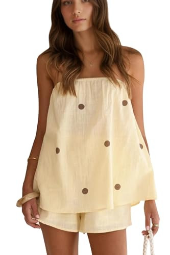 MSBESYOR Women Polka Dot Two Piece Shorts Set Strapless Tube Top Linen Lounge Sets Summer Vacation Resort Travel Outfits | Amazon (US)