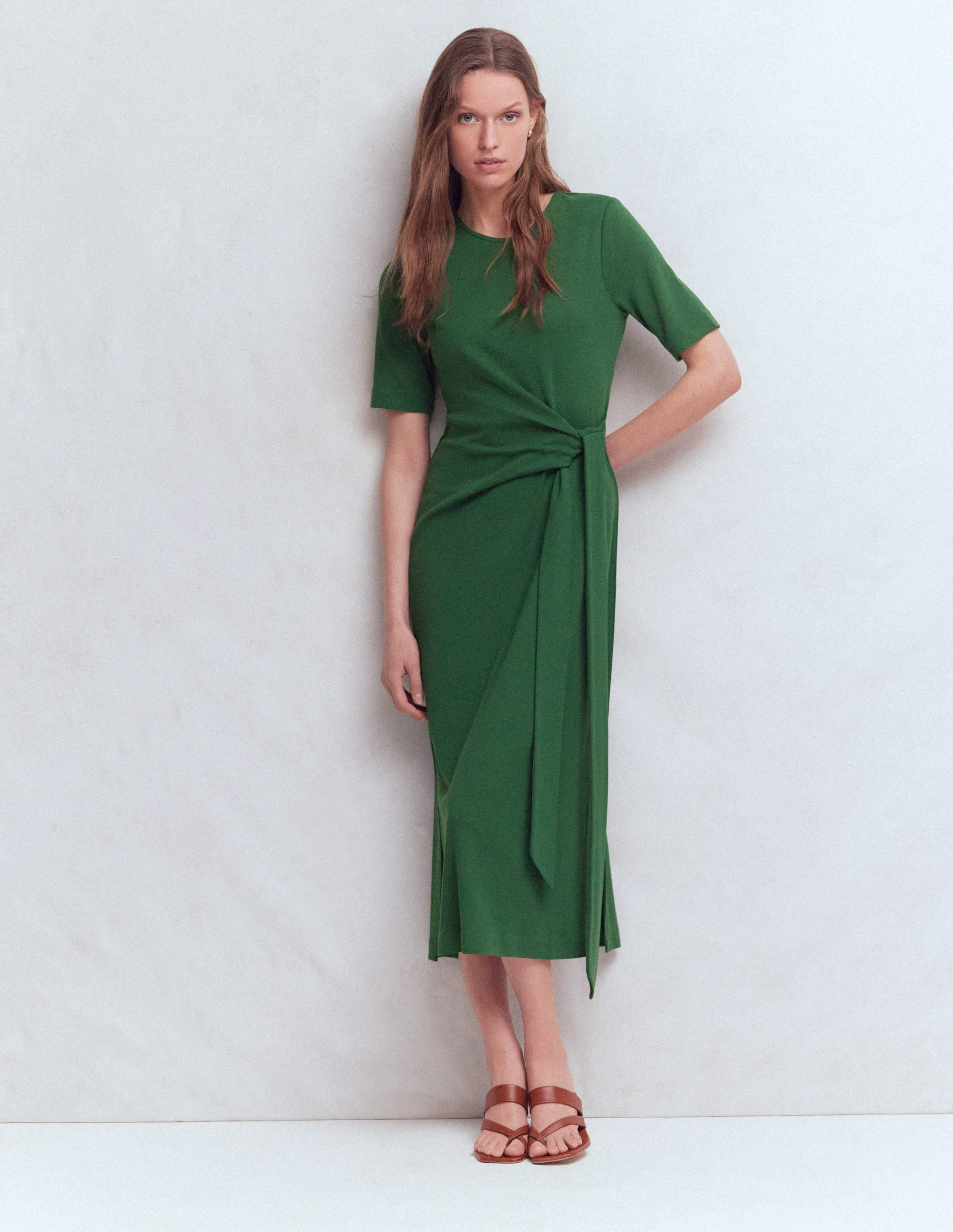 Zinnia Tie Jersey Midi Dress-Hunter Green | Boden UK