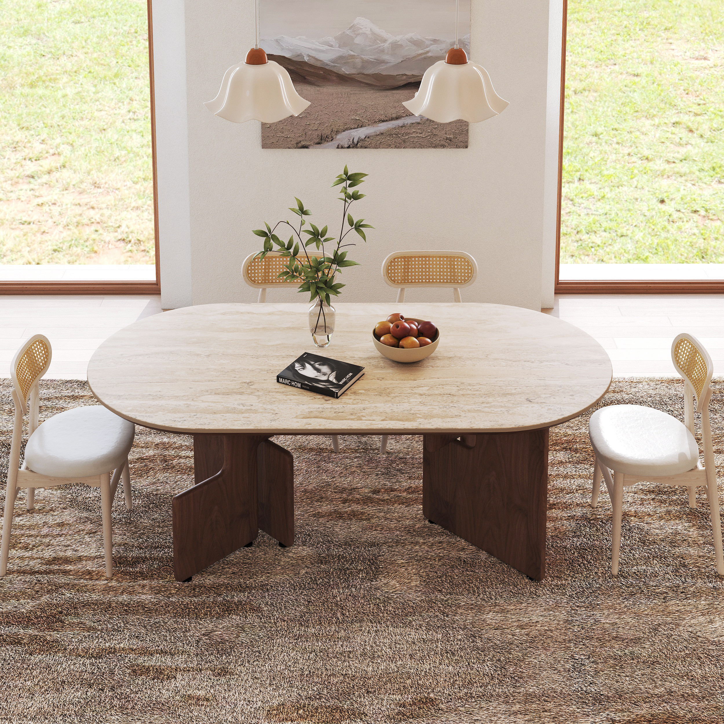 79"" Oval Dining Table with Faux Travertine Top & Walnut Double Pedestal | Homary