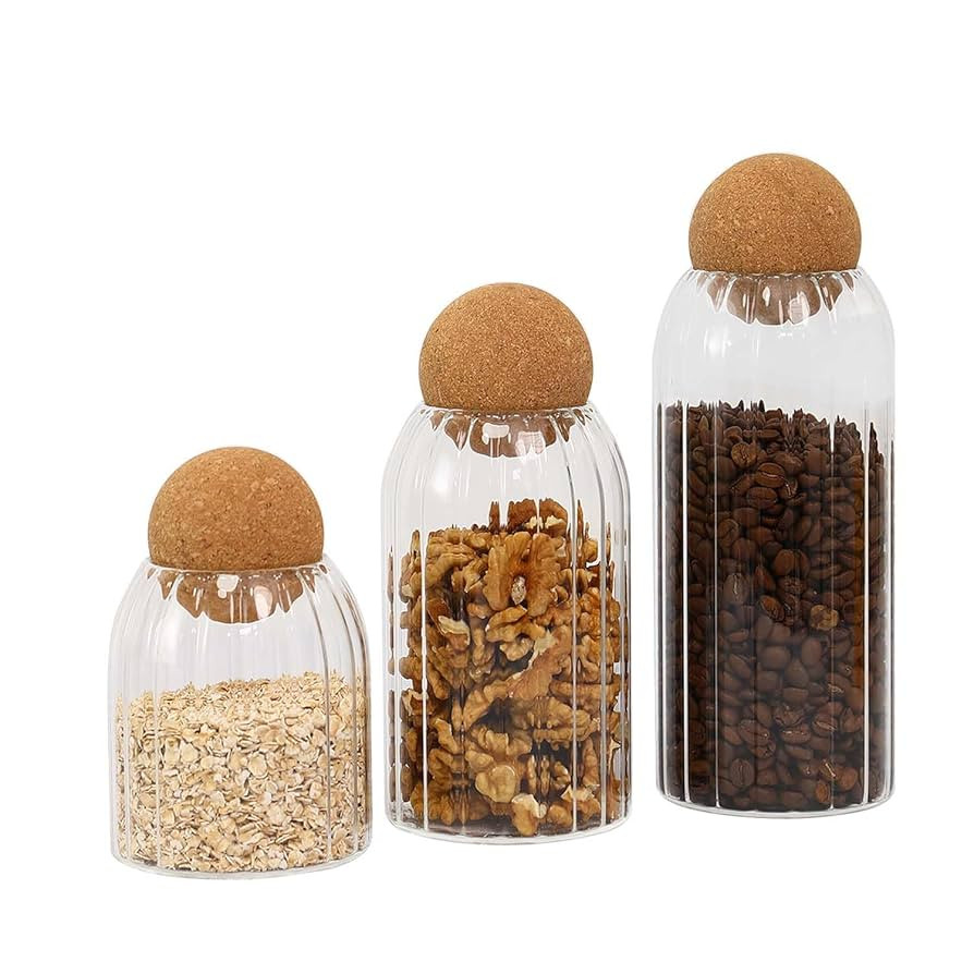 Kitchen Storage Canister Set (3 Pcs Set) Striped Textured Glass Storage Jar-Top Spherical Cork Mo... | Amazon (US)