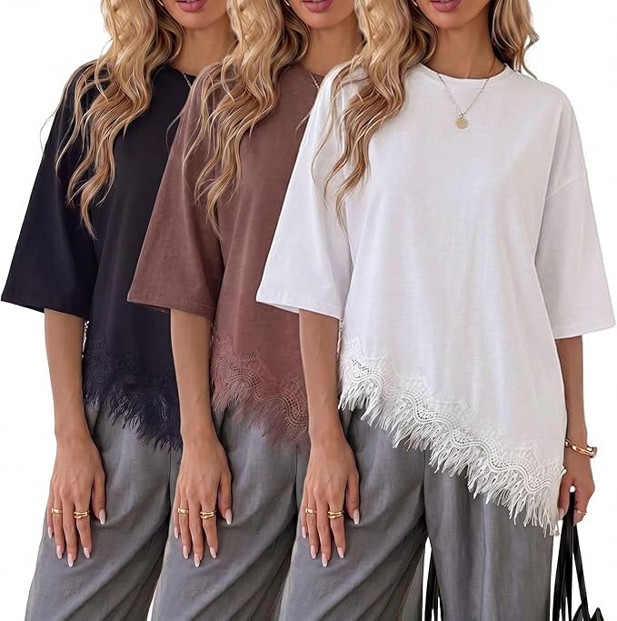 Cutecrop 3 Pack Women Oversized Lace Trim T Shirts 2026 Summer Loose Asymmetrical Tops Casual Sho... | Amazon (US)