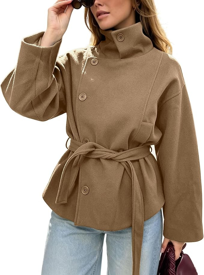 Women's Funnel High Collar Belted Short Wool Coat Long Sleeve Wrap Waist Pea Coat Casual Fall Win... | Amazon (US)