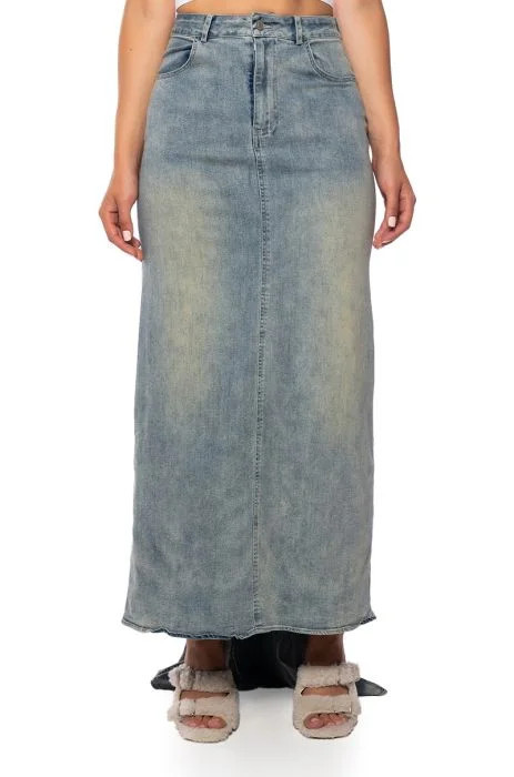 OH THE DRAMA DENIM MAXI SKIRT WITH TRAIN in medium blue denim | AKIRA