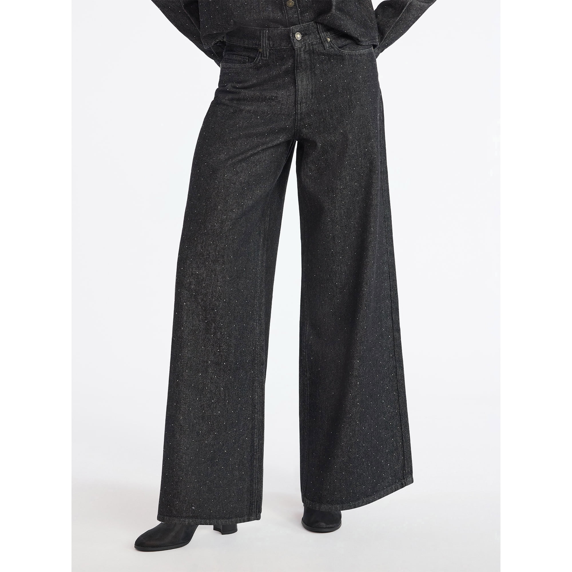 Scoop Women’s and Women’s Plus Rhinestone Embellished Wide Leg Jeans, Sizes 0-26W | Walmart (US)