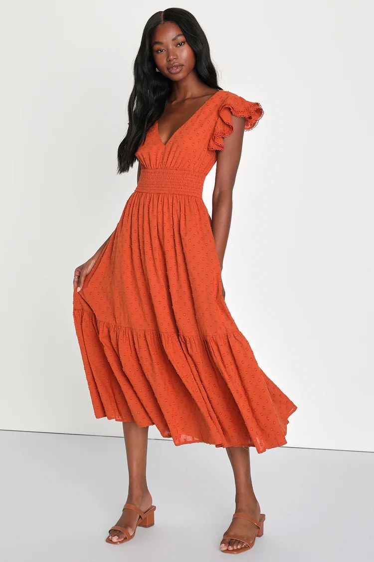 Brunch Plans Rust Orange Dress Orange Midi Dress Midi Fall Dress Midi Wedding Guest Dress Midi | Lulus (US)