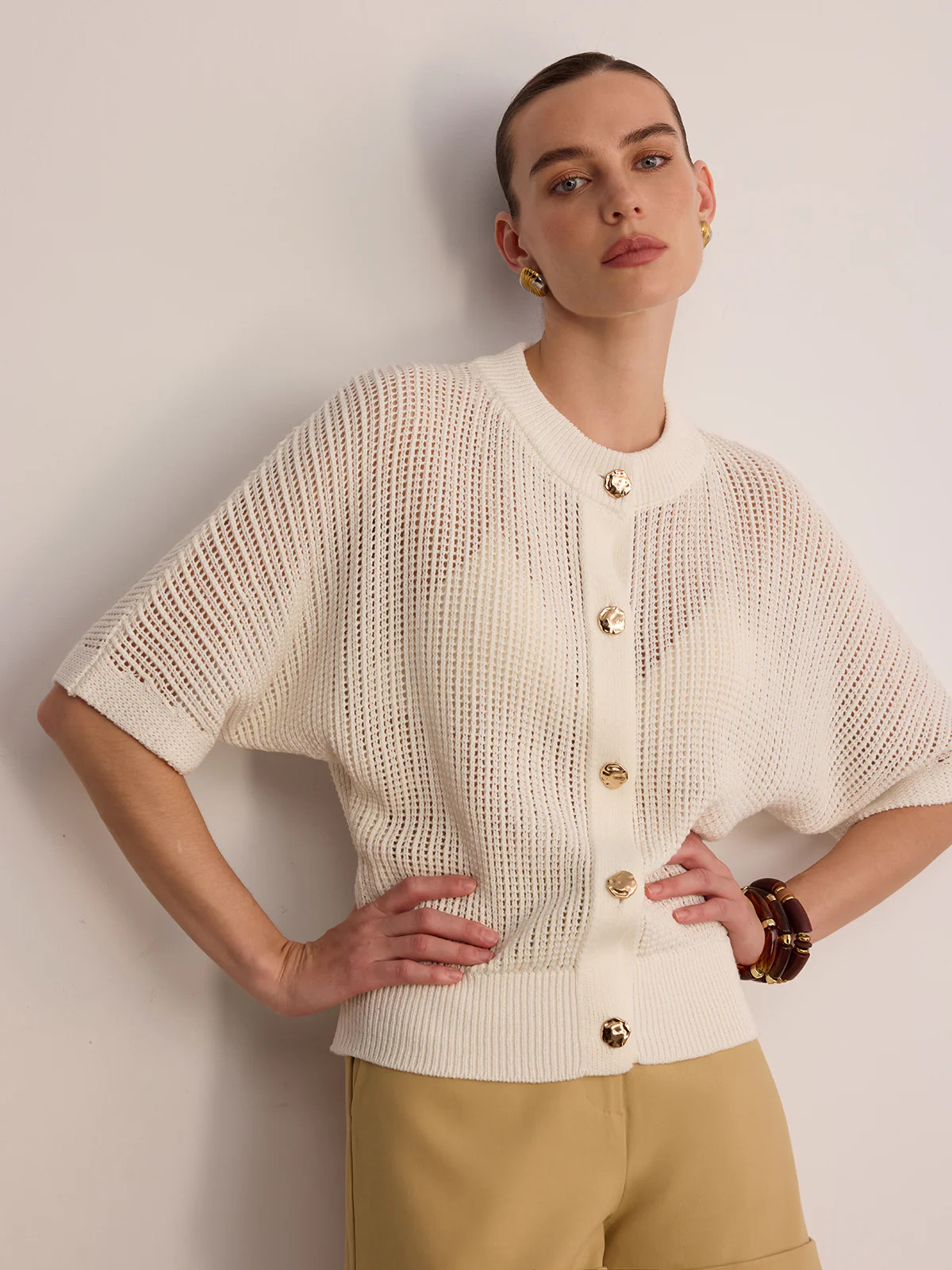 Metal Button Openwork Knit Cardigan | Commense