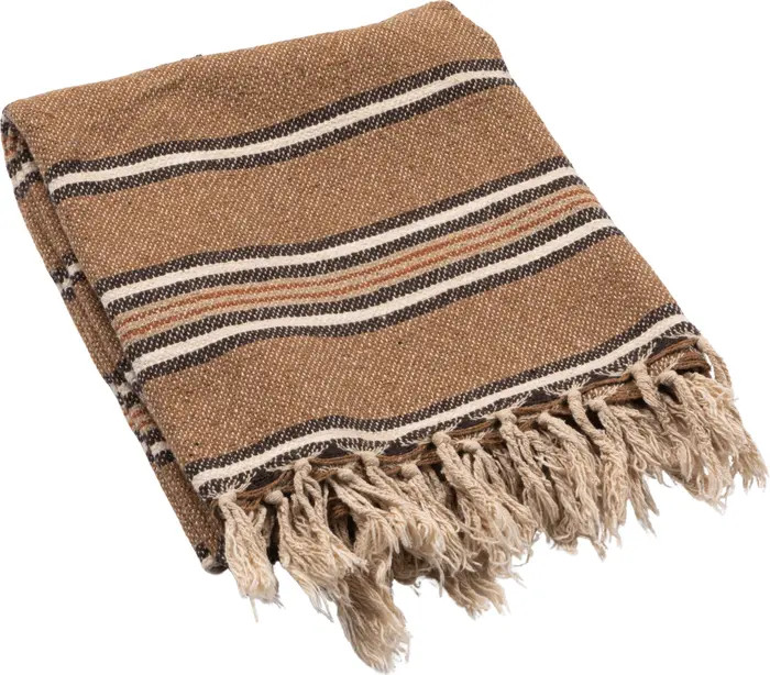 Cotton Blend Throw with Stripes and Fringe, Rust Color, Natural and Black | Nordstrom