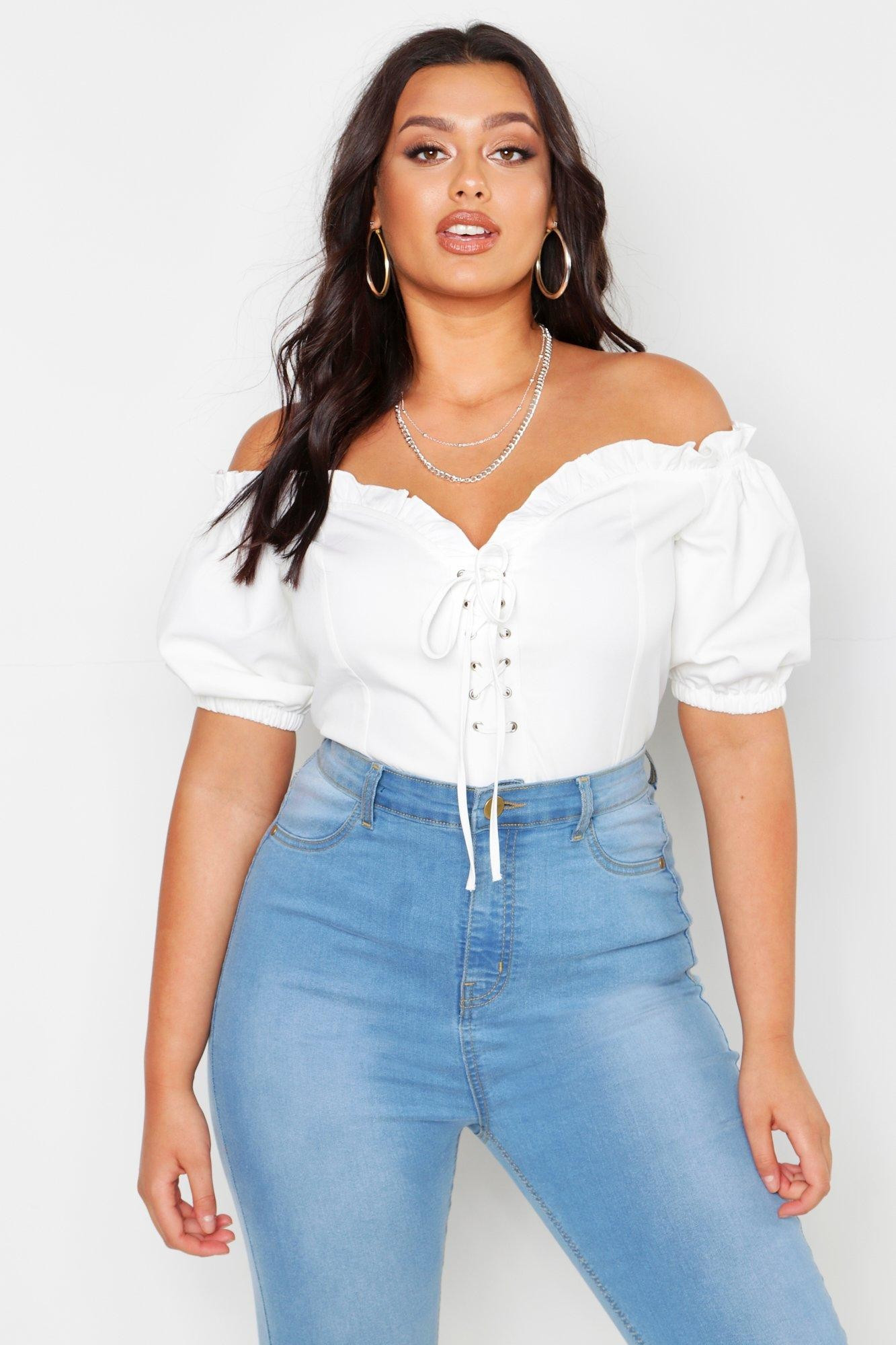 Womens Plus Lace Up Sweetheart Neckline Off Shoulder Top - White - 16 | Boohoo.com (US & CA)