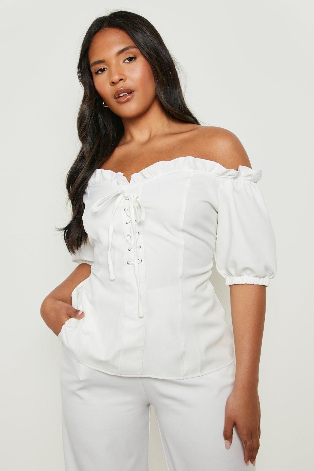 Womens Plus Lace Up Sweetheart Neckline Off Shoulder Top - White - 16 | Boohoo.com (US & CA)