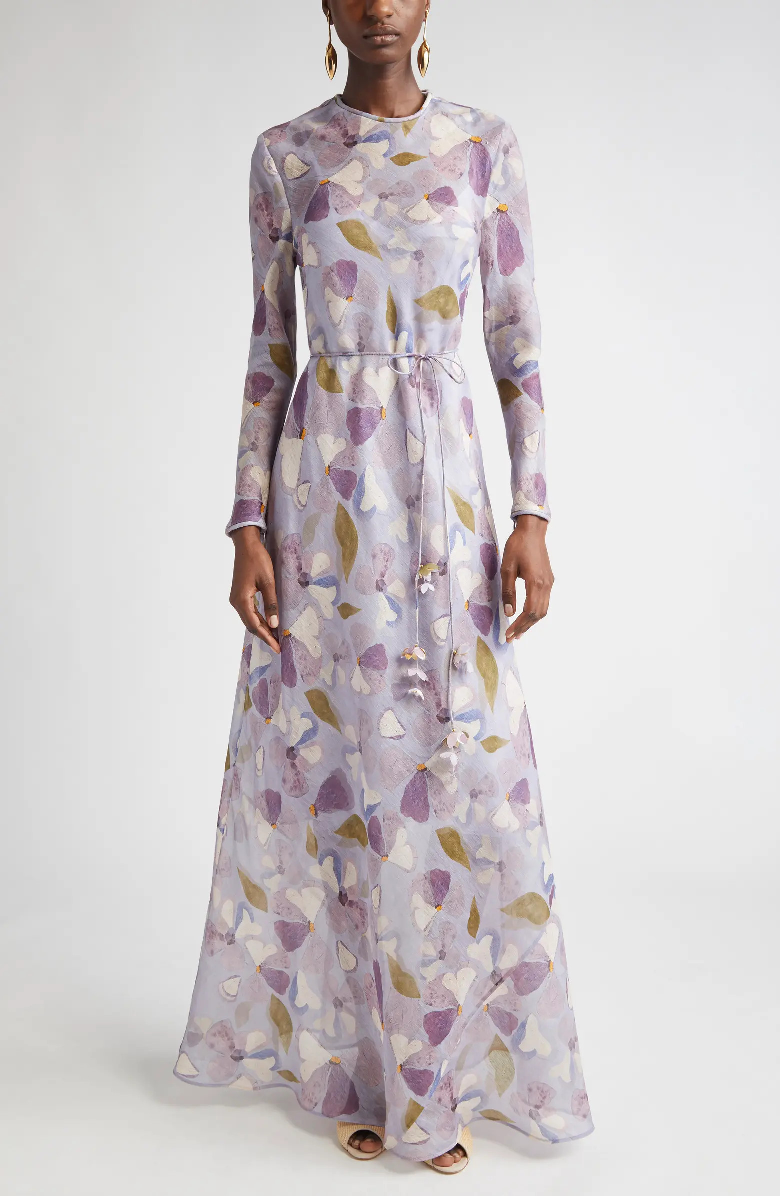 Floral Print Long Sleeve Linen & Silk Maxi Dress | Nordstrom
