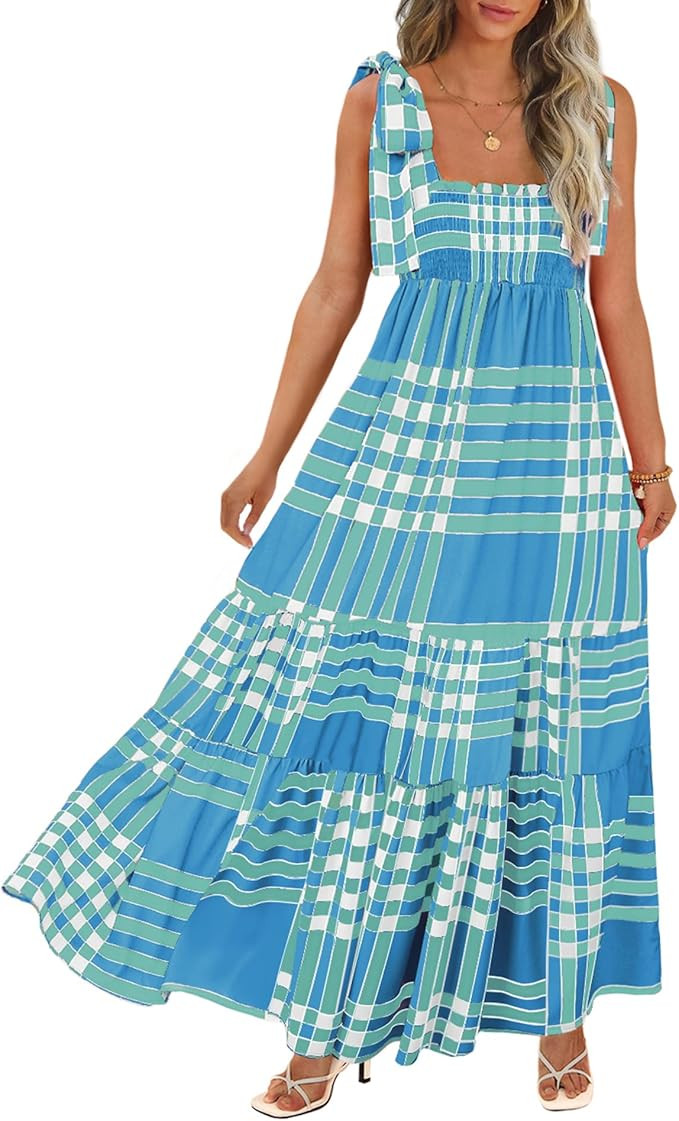 Women's Summer Maxi Dress Boho Spaghetti Straps Casual Long A-line Smocked Beach Dress Square Nec... | Amazon (US)