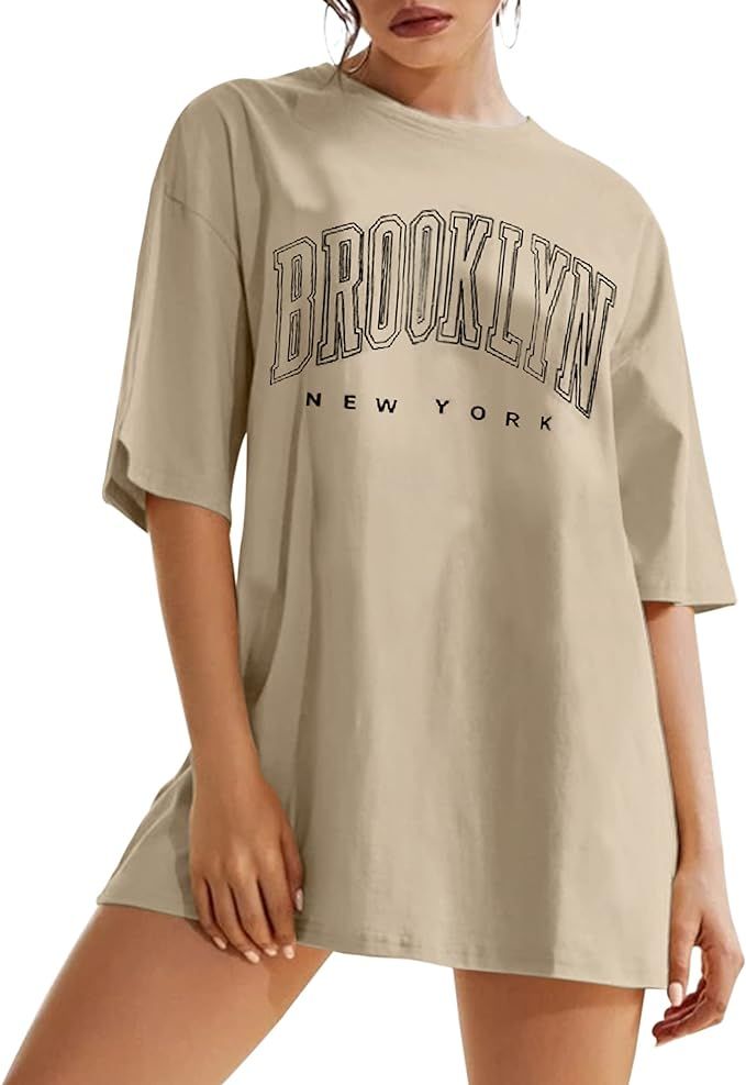 SAFRISIOR Women Oversized Brooklyn New York Letter Graphic Print Tees Loose Crew Neck Short Sleev... | Amazon (US)