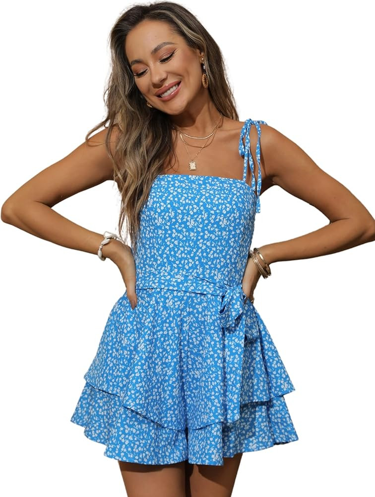 Zexxxy Women's Rompers Spaghetti Straps/Long Sleeve Tiered Ruffle Floral Jumpsuits Vacation Beach... | Amazon (US)