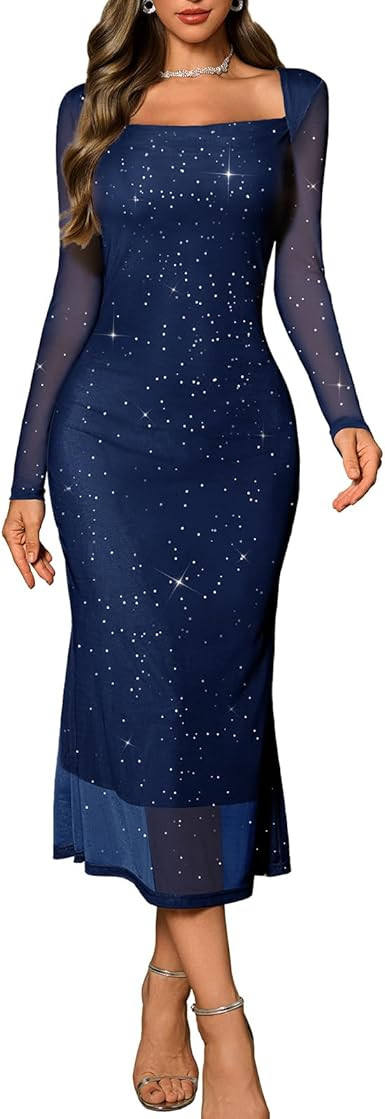 DRESSTELLS Women's Formal Cocktail Long Sleeve Wedding Guest Sequin Sparkly Holiday Party Mesh Bo... | Amazon (US)