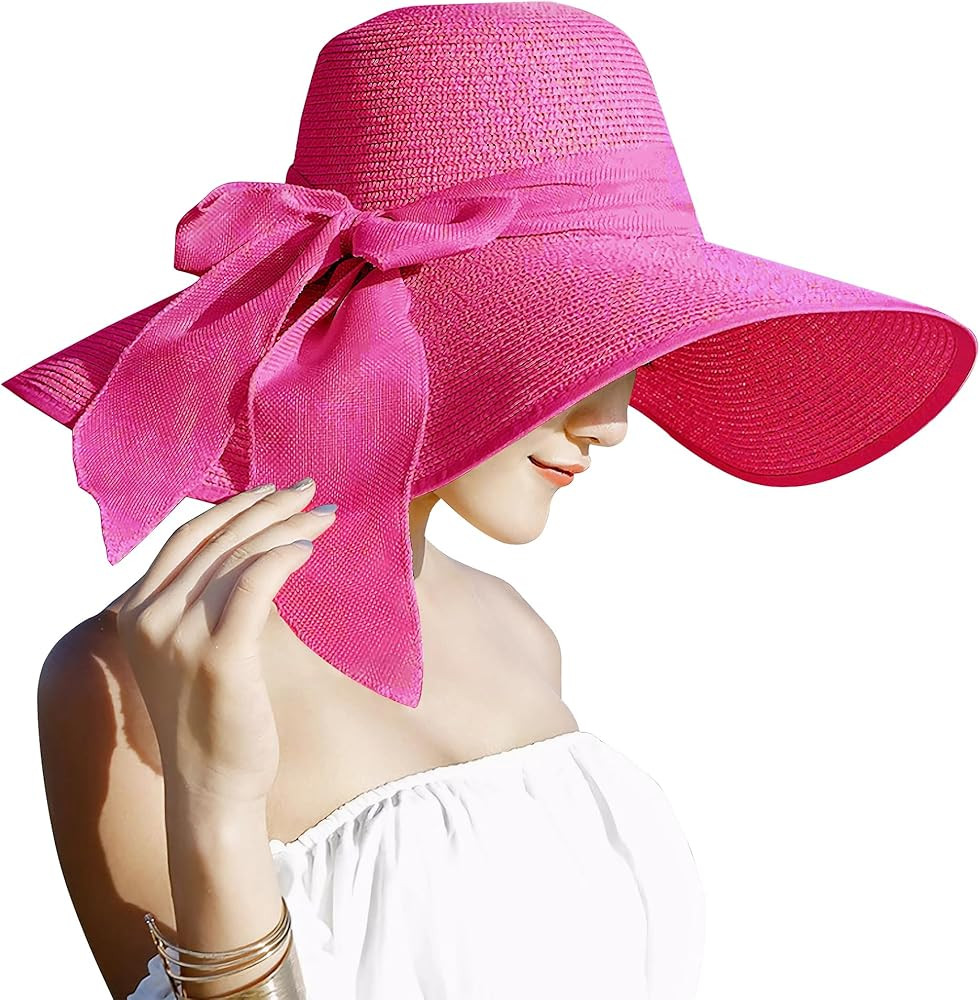 Lanzom Womens 5.7 Inches Big Bowknot Straw Hat Large Floppy Foldable Roll up Beach Cap Sun Hat UP... | Amazon (US)