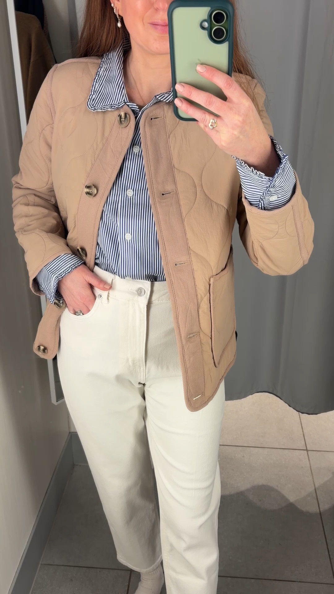 New in H&M 🤎 classic winter outfit with a quilted jacket, striped shirt and white jeans. Timeless countryside style, styled with chocolate brown ankle boots for an easy, everyday look. 

#LTKstyletip #LTKuk #LTKwinter