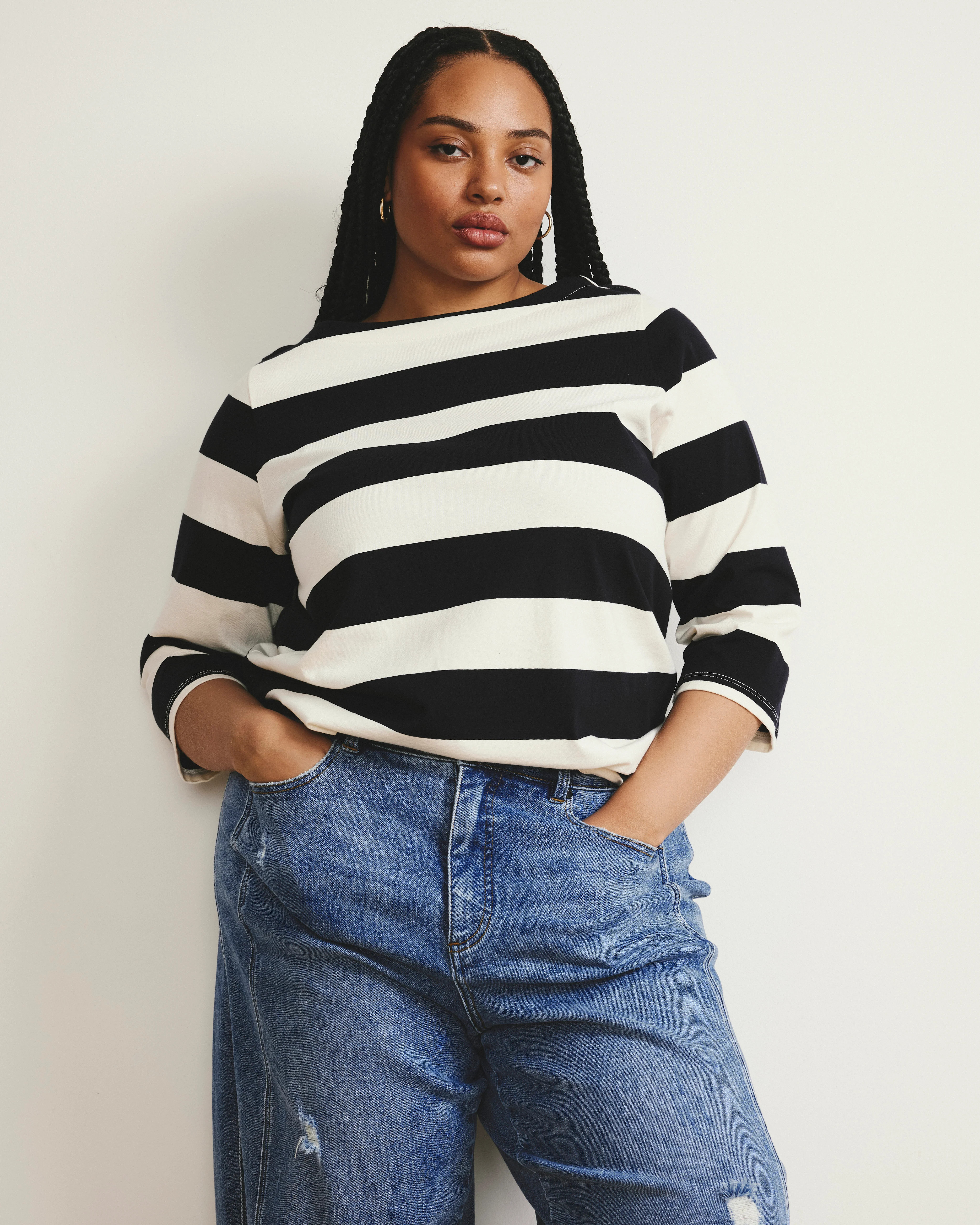 Belle Breton Stripe Jersey Tee - Ecru/Black Rugby Stripe | Universal Standard