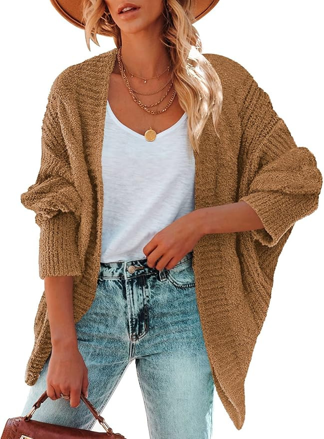 ANRABESS Women’s Casual Oversized Long Batwing Sleeve Open Front Slouchy Soft Fuzzy Knit Crop C... | Amazon (US)