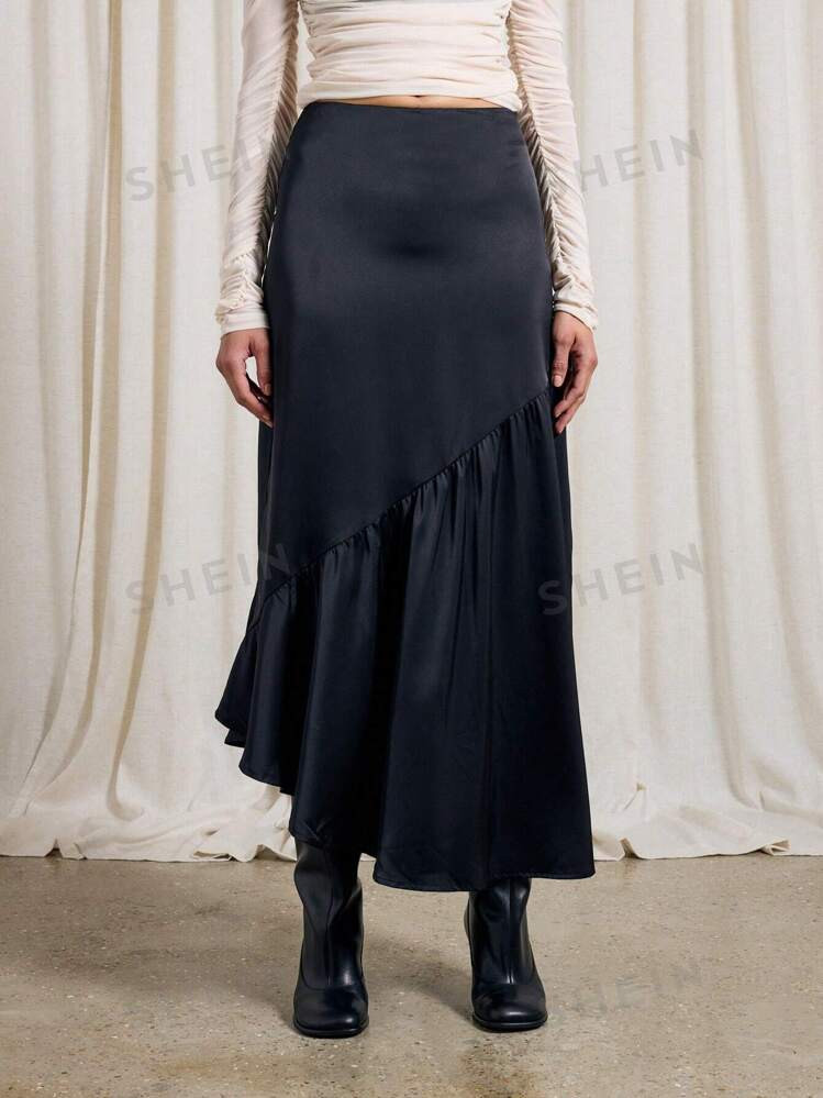 AiiRZ Satin Asymmetrical Maxi Skirt | SHEIN