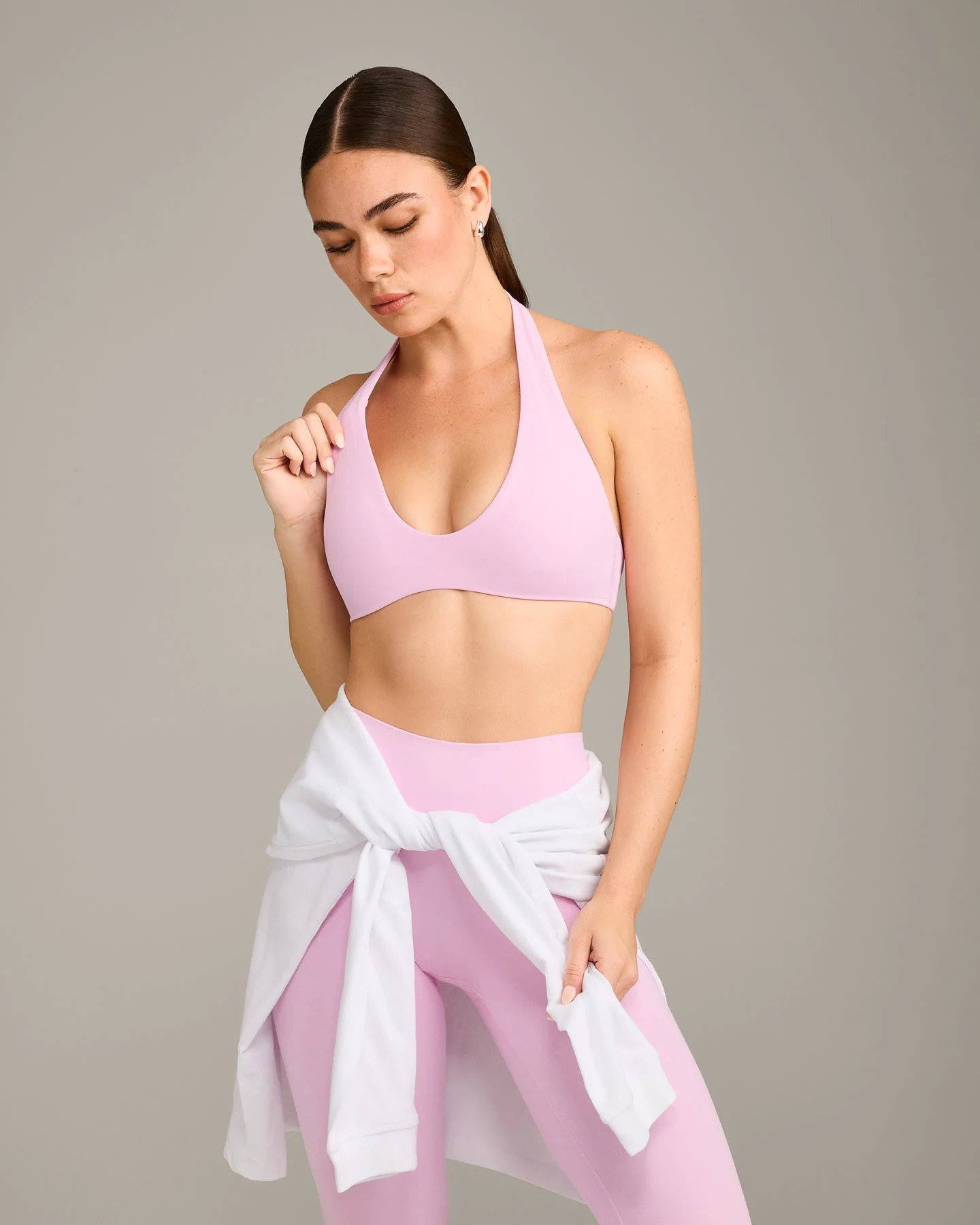 SoftMotion™ Minimal Halter Neck Bralette with Grey Logo 
 Chalk Pink | Oner Active (UK / US)