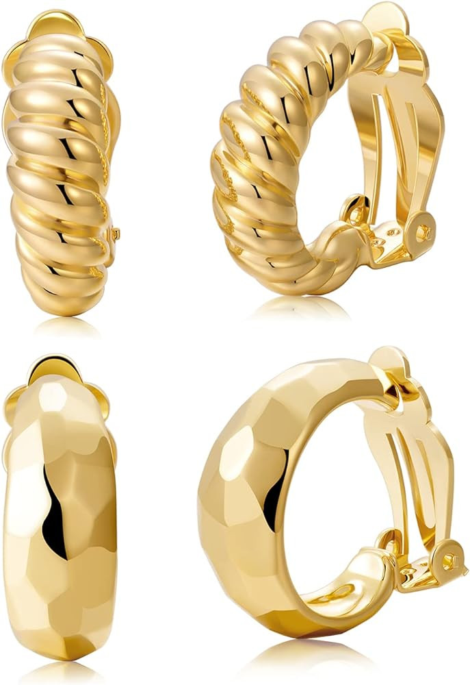 Clip on Earrings Women, 14K Gold Hoop Clip-On Earrings for Women, Hypoallergenic Non Pierced Croi... | Amazon (US)