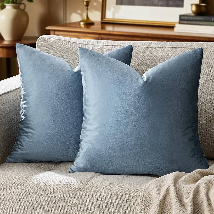 GIGIZAZA Stone Blue Velvet Decorative Throw Pillow Covers 18x18 for Sofa Living Room Soft Couch P... | Amazon (US)