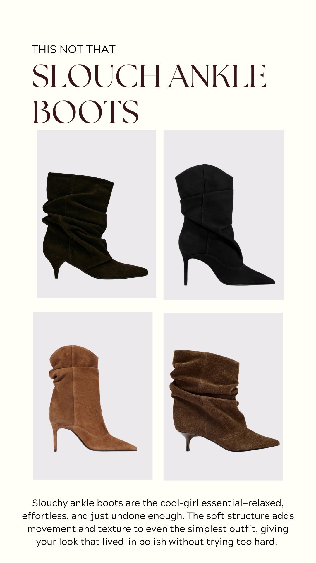 Slouchy ankle boots are the cool-girl essential—relaxed, effortless, and just undone enough. The soft structure adds movement and texture to even the simplest outfit, giving your look that lived-in polish without trying too hard. Styled under denim or paired with something sleek, they bring an easy edge that feels modern and intentional.

#LTKootd #LTKSeasonal #LTKPetite