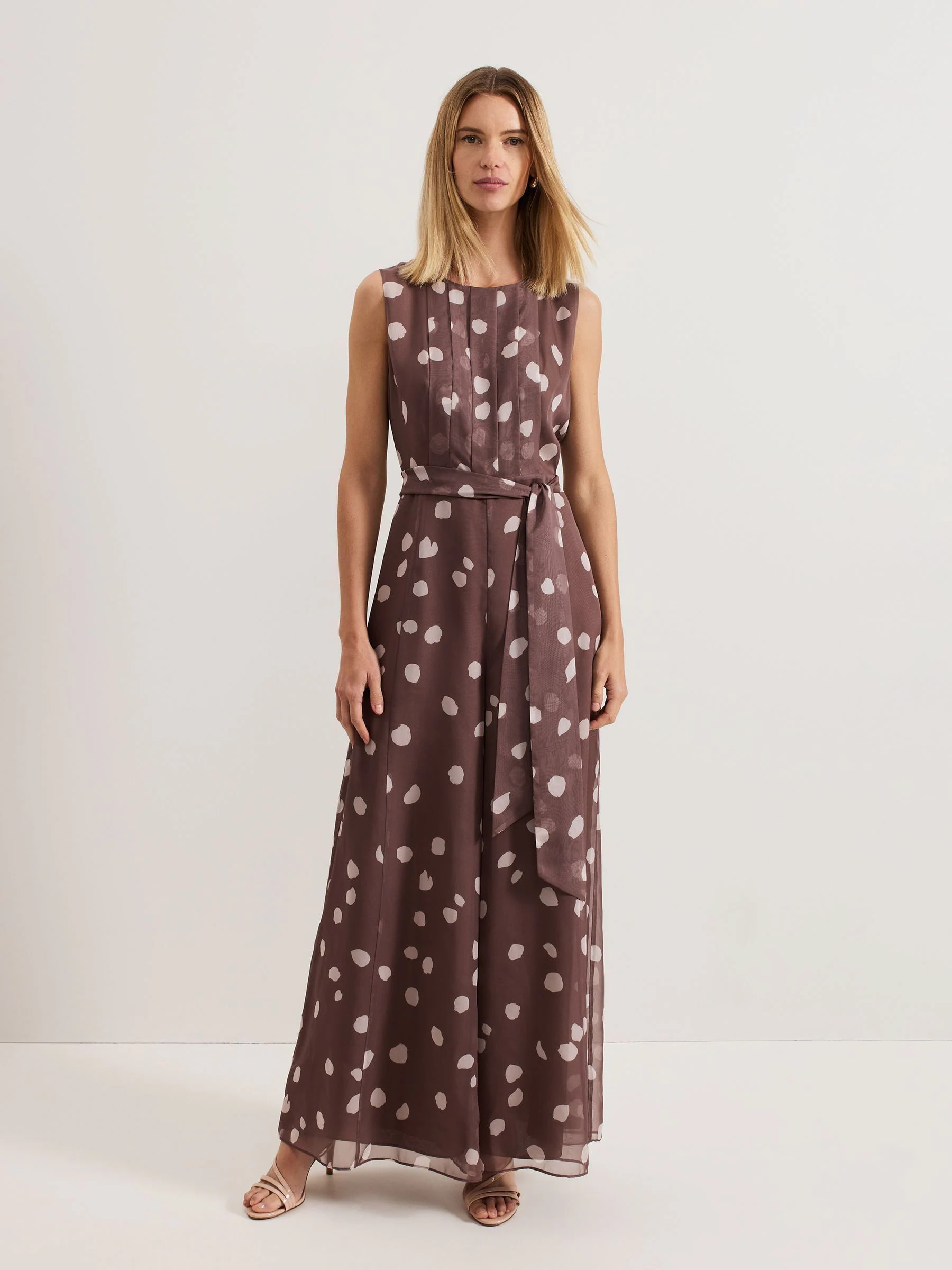 Phase Eight Brown Maxine Spot Chiffon Jumpsuit 12 | Next US