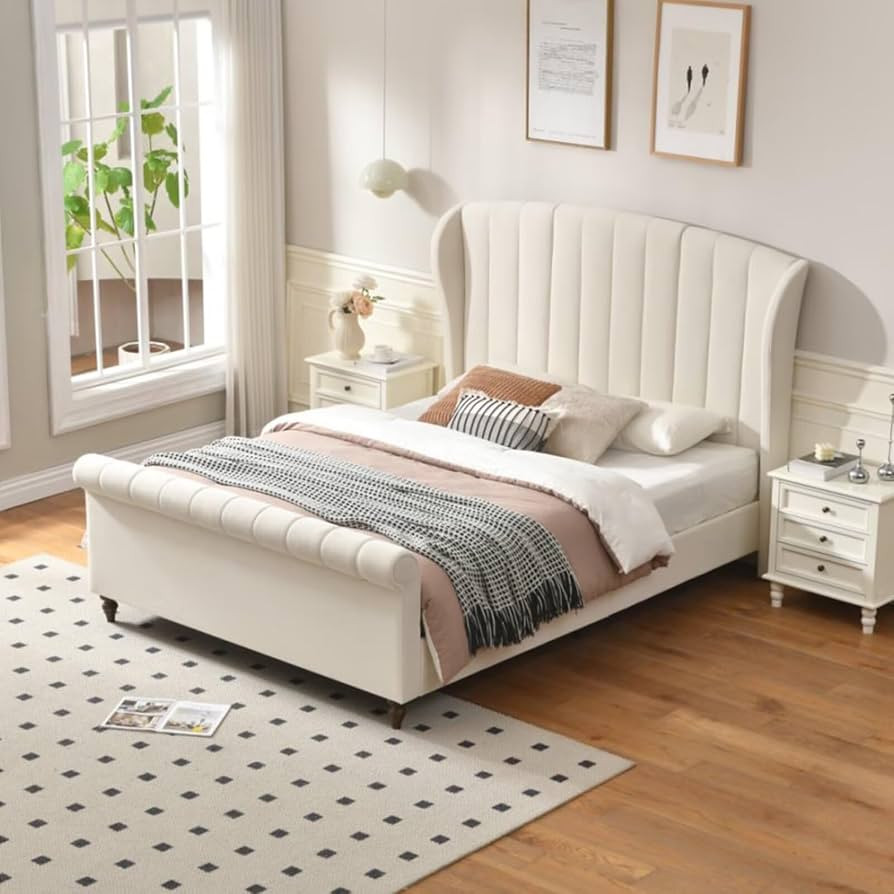 Queen Size Platform Bed Frame with 54" Tall Headboard, Velvet Upholstered Sleigh Bed with Scroll ... | Amazon (US)