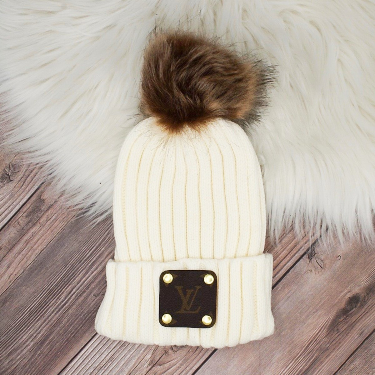 White Pom Pom Beanie with LV Monogram Patch | Sparkl