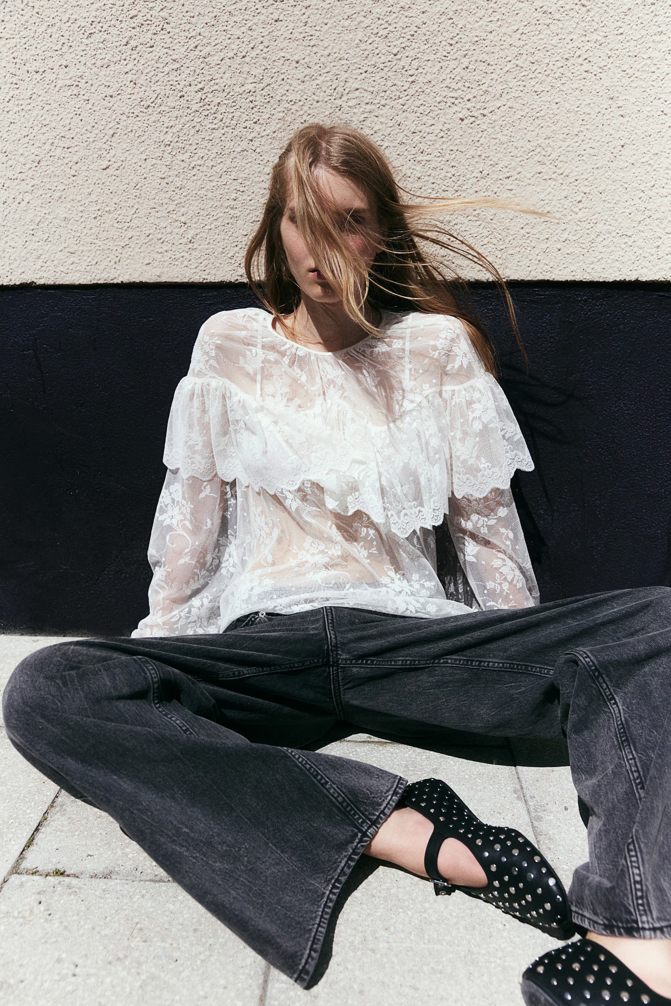 Flounce-Trimmed Lace Blouse | H&M (US + CA)
