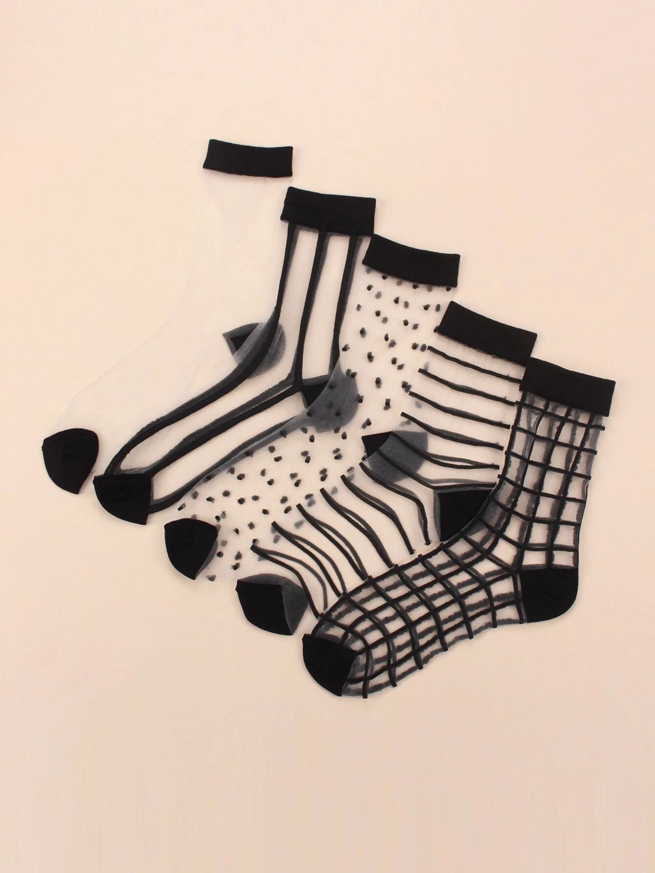 5pairs Clear Striped & Plaid Mesh Socks | SHEIN