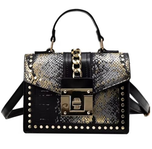 Women’s Snakeskin Crossbody Bag with Gold Chain – Small Fashion Shoulder Purse with Top Handle and Studded Design (Black & Gold Snakeskin) | Amazon (US)