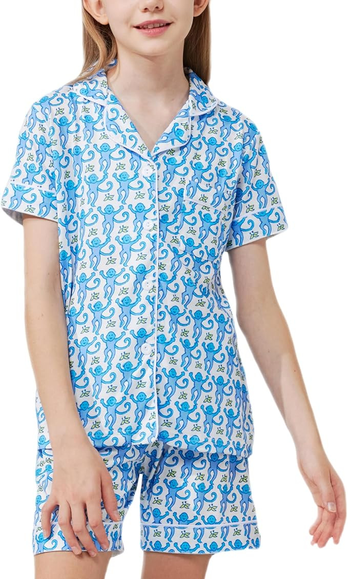 Cute Monkey Pajamas Set for Girls, Kids Summer Button Down Matching Y2k Loungewear PJs Christmas ... | Amazon (US)