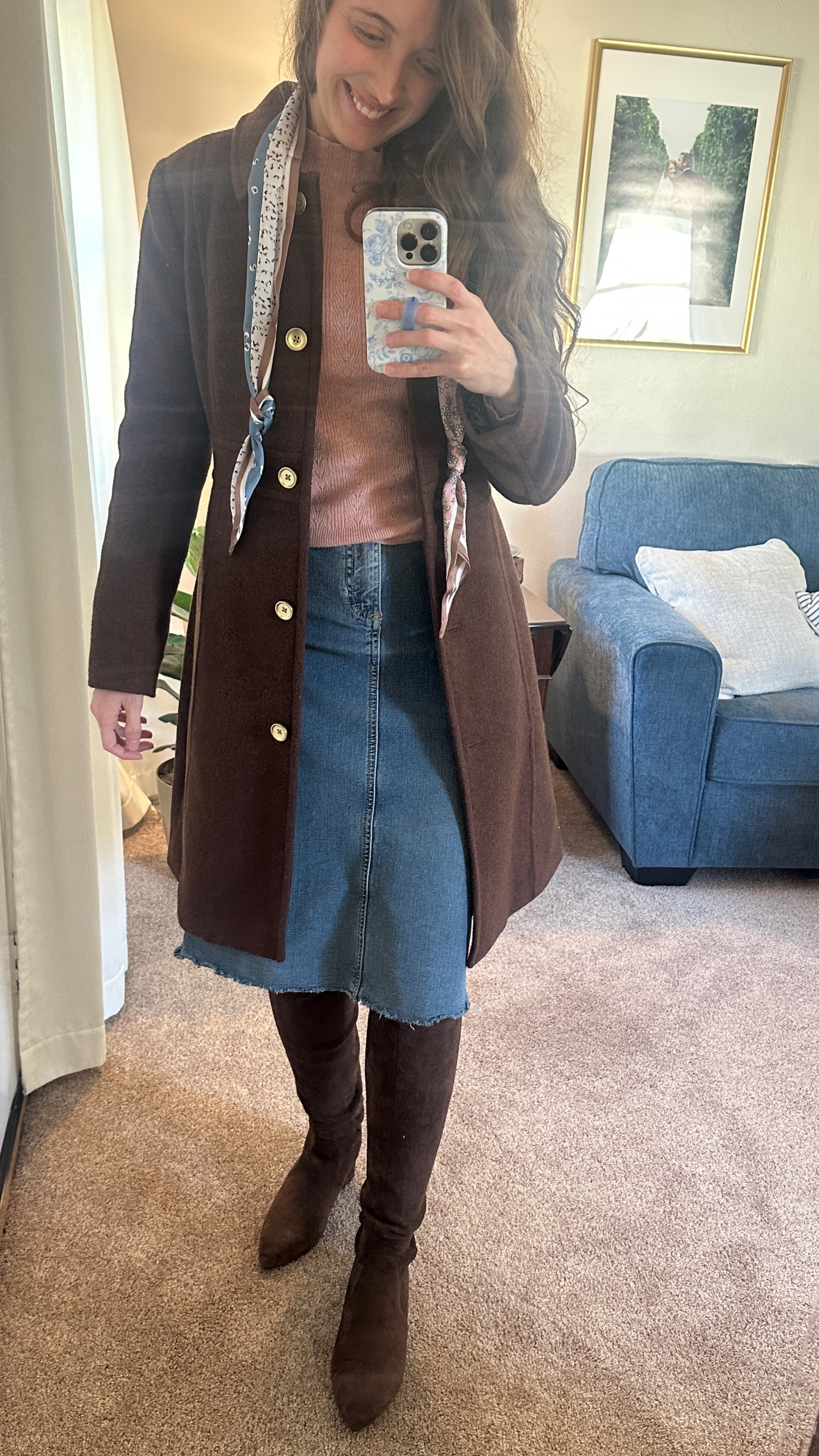 brown coat, brown suede boots, pink sweater. cost size 2