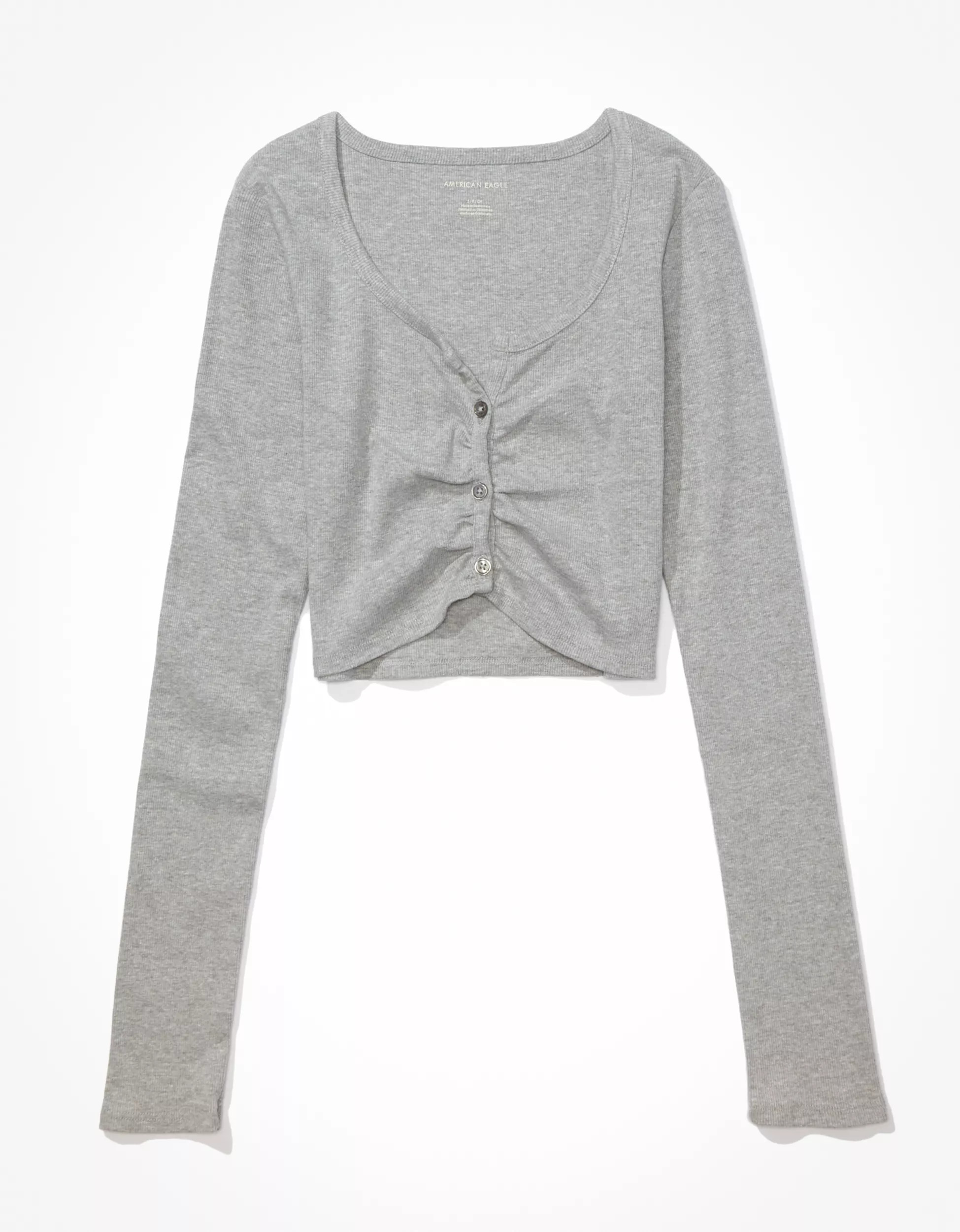 AE Long-Sleeve Button-Up Cinch Tee | American Eagle Outfitters (US & CA)