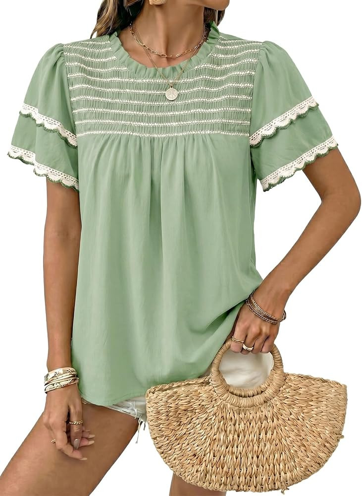 Dokotoo Womens Summer Tops Crewneck Ruffle Short Sleeve Shirts Casual Pleated Blouses Flowy Boho ... | Amazon (US)