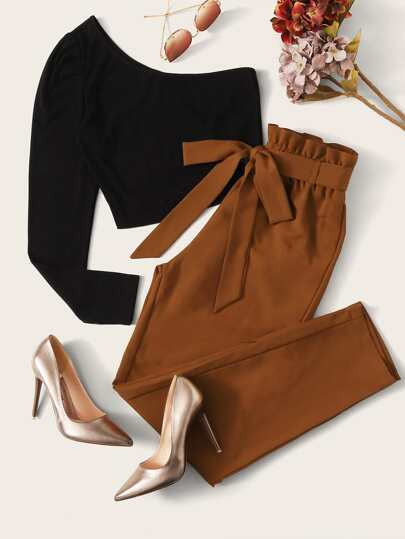 SHEIN One Shoulder Top & Paperbag Waist Belted Pants Set | SHEIN