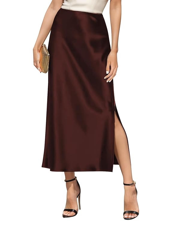 Women's Satin High Waisted Side Split Maxi Skirt Elastic Waistband Elegant Work Skirts Party A-Li... | Amazon (US)