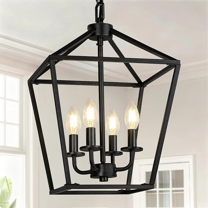 4 Light Chandelier, Industrial Ceiling Light Black Lantern Light Fixtures with Farmhouse Metal Ca... | Amazon (US)