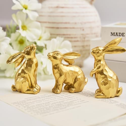 yumhum 3 Gold Easter Bunny Decorations, Resin Rabbit Figurine Small Decorative Bunny Statues for Tabletop Centerpiece Indoor Spring Easter Decor Mantle Decorations | Amazon (US)