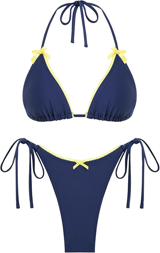 ZAFUL Women's Sexy Halter Bikini Sets Bow Decor Tiny Floral Print Bikini Swimsuits Tie Side Trian... | Amazon (US)