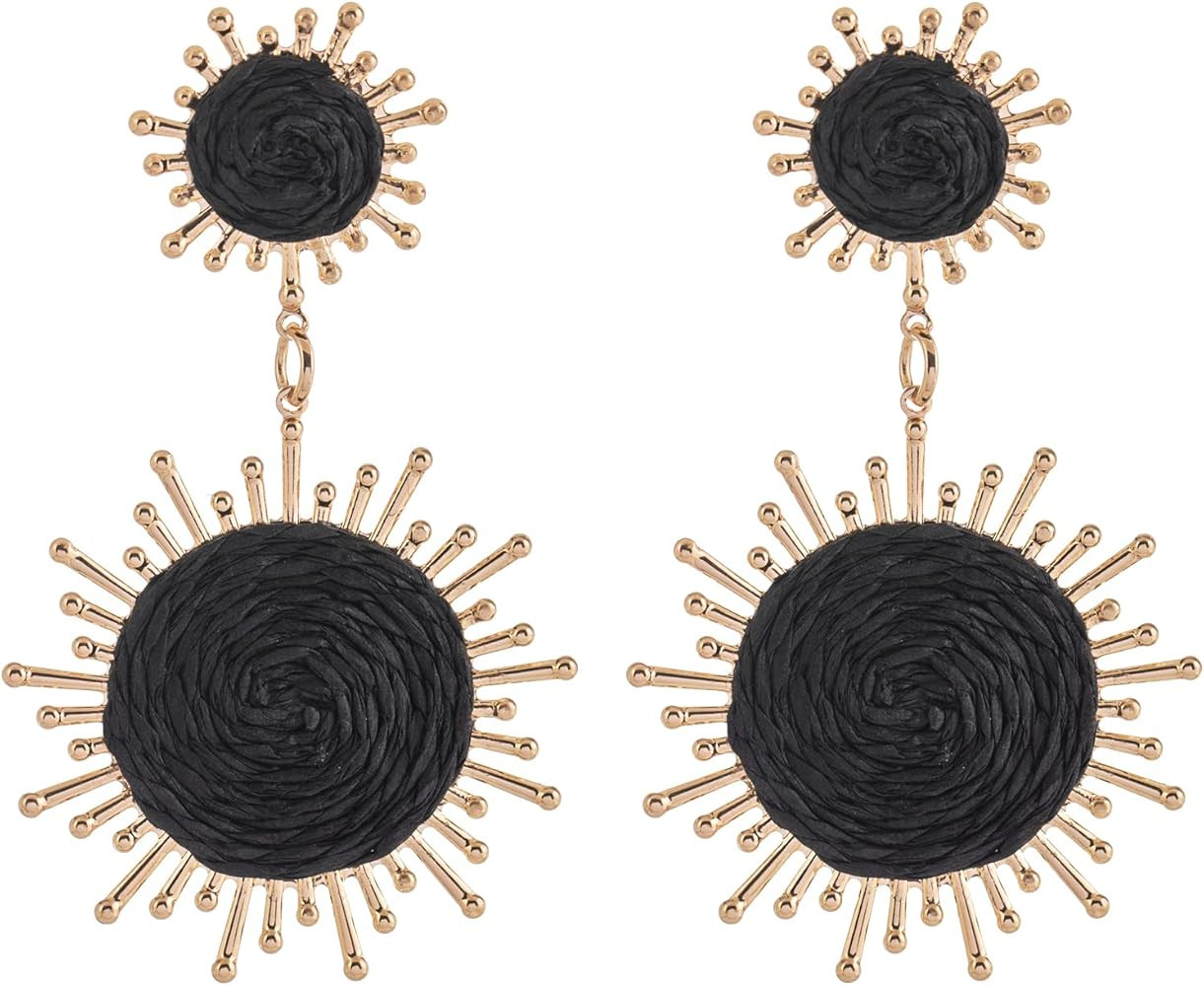 Handmade Raffia Dangle Earring - Boho Statement Sunburst Earrings for Summer Beach Vacation | Amazon (US)