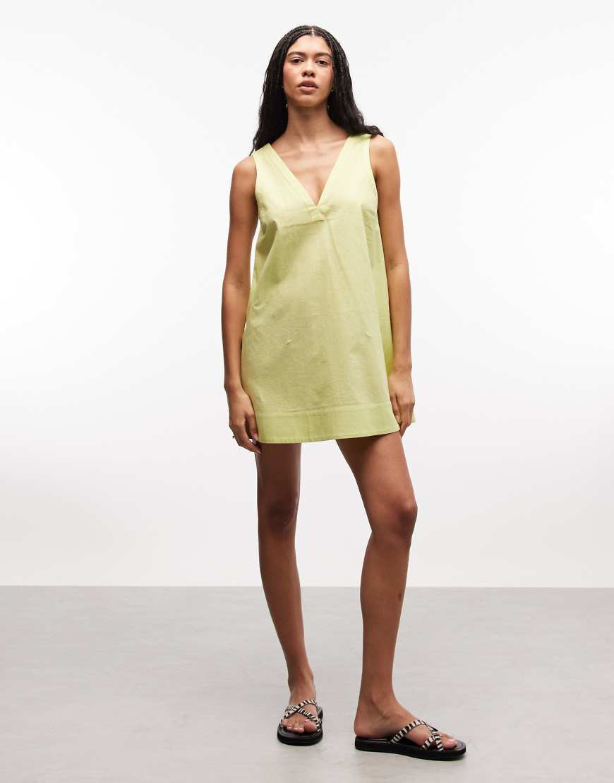 ASOS DESIGN cotton linen v neck smock mini dress in lime - LGREEN | ASOS (Global)